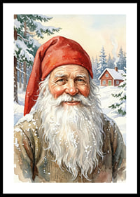 A smiling elf with a snowy landscape in the background-0