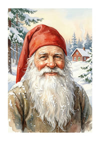 Een lachende elf met een besneeuwd landschap op de achtergrond-1