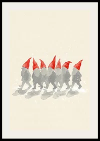 Charming elves walking in a row with red hats-2