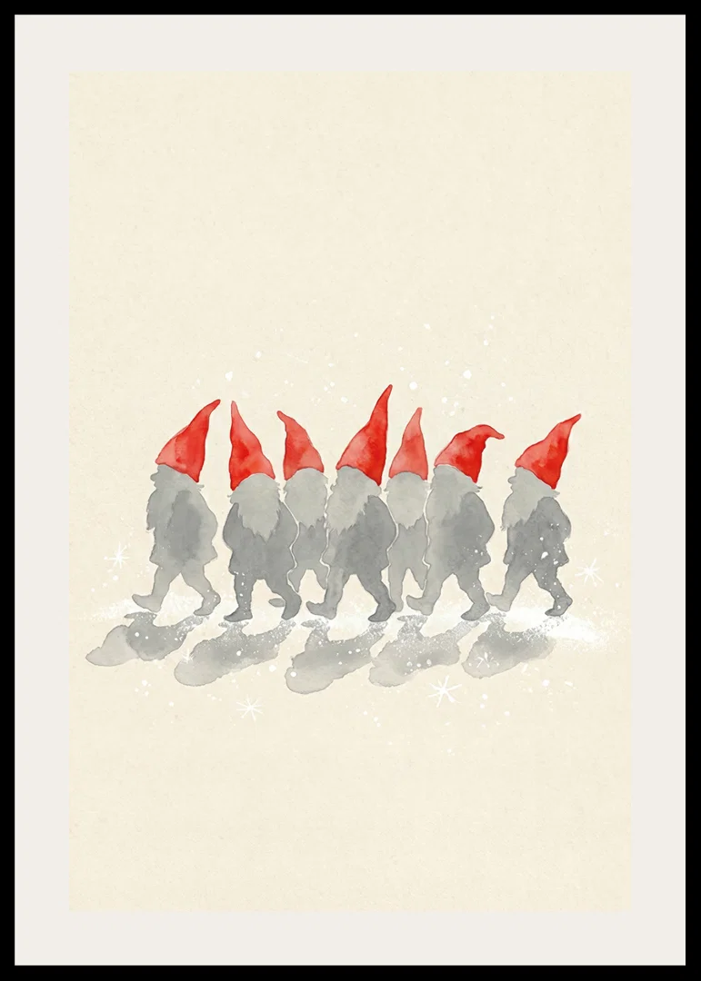 Charming elves walking in a row with red hats-12