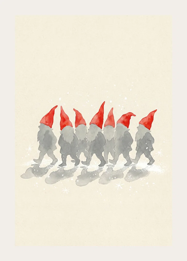 Charming elves walking in a row with red hats-12