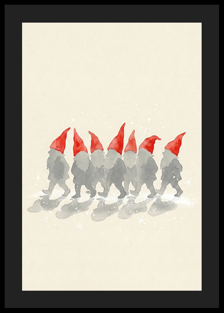 Charming elves walking in a row with red hats-12
