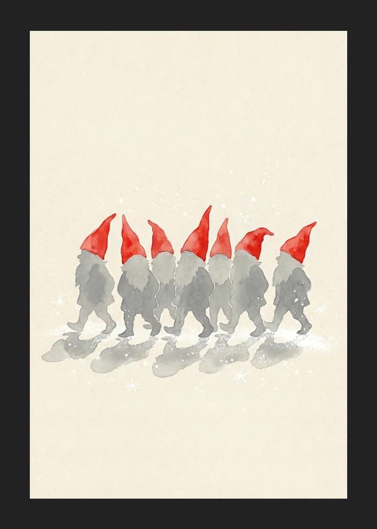 Charming elves walking in a row with red hats-12
