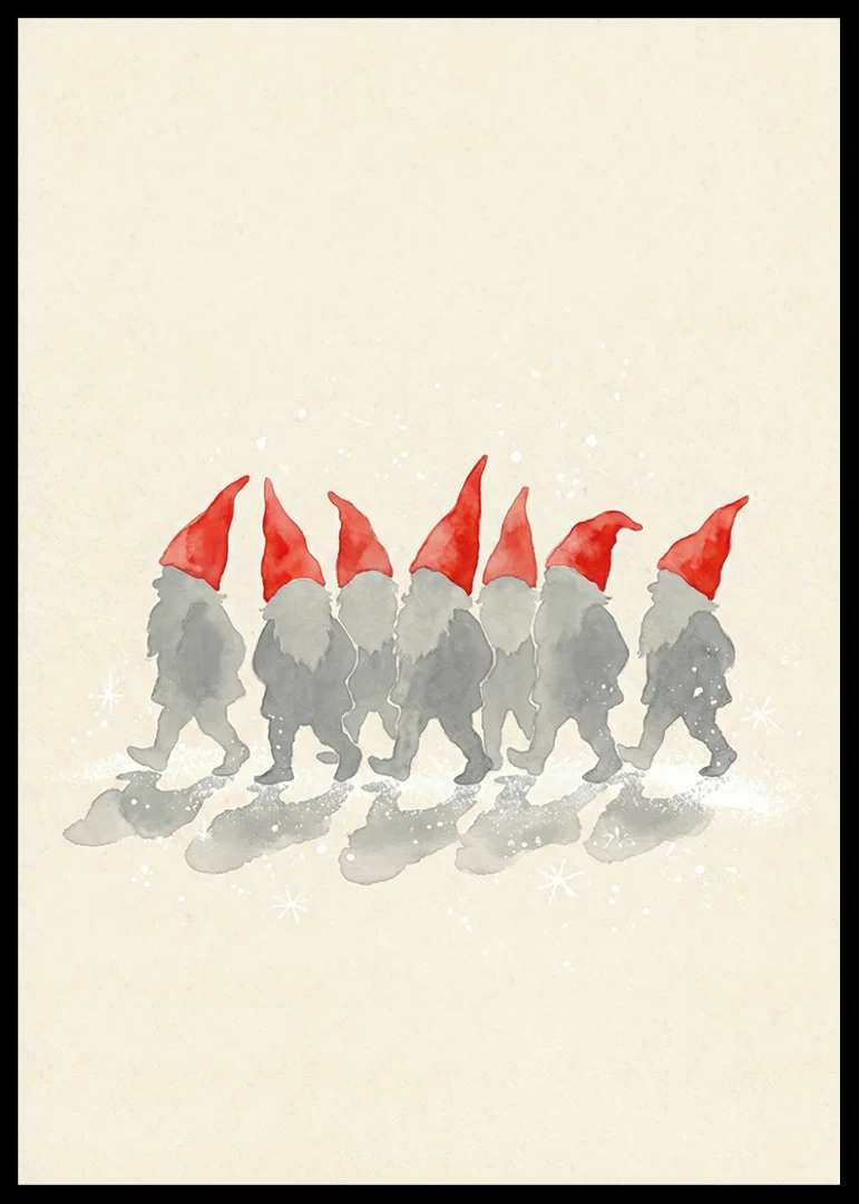 Charming elves walking in a row with red hats-12