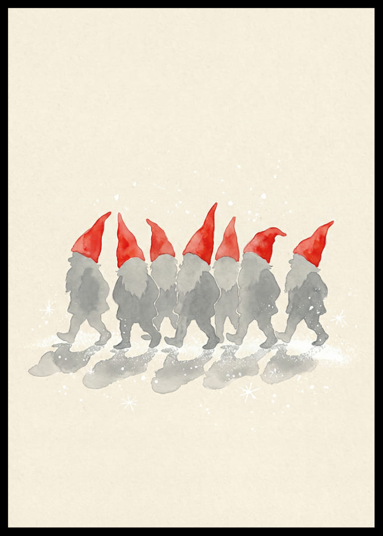 Charmante elfjes die in een rij lopen met rode hoeden-12