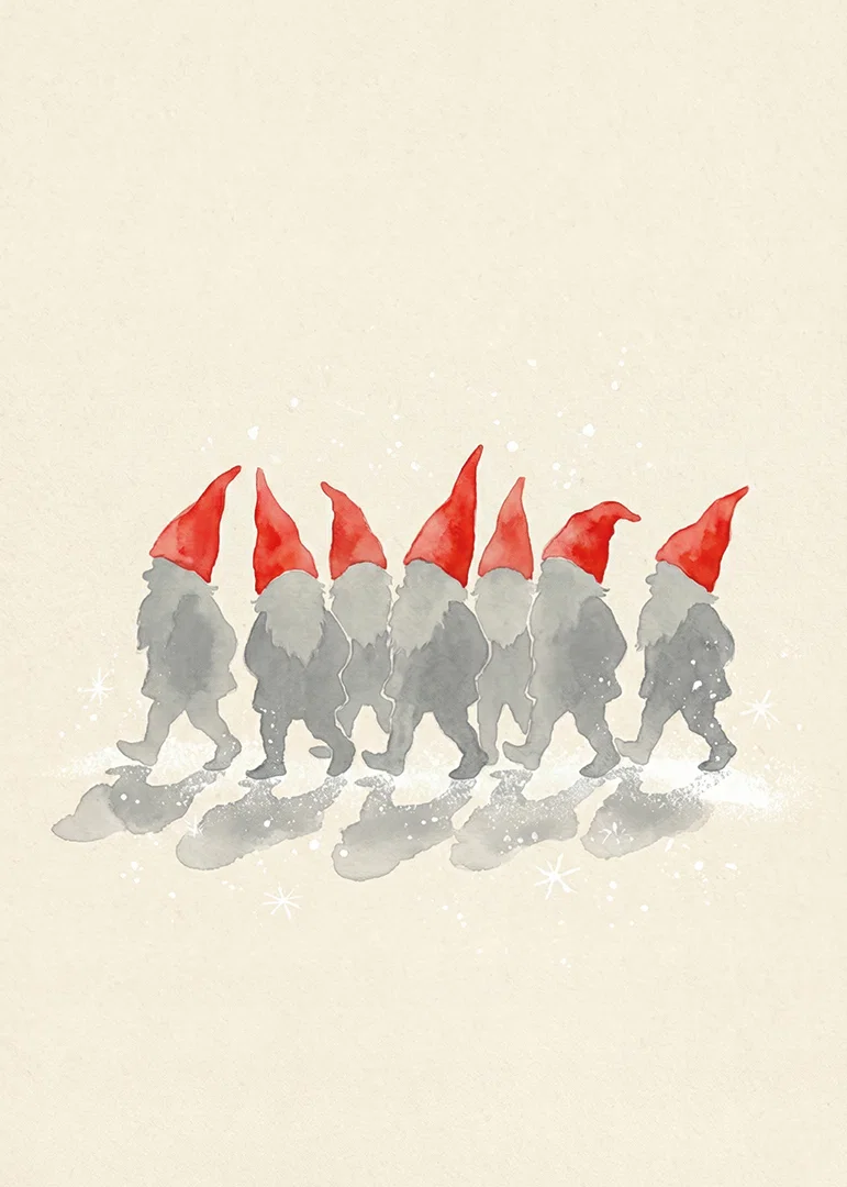Charming elves walking in a row with red hats-12