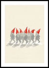 Charming elves walking in a row with red hats-0