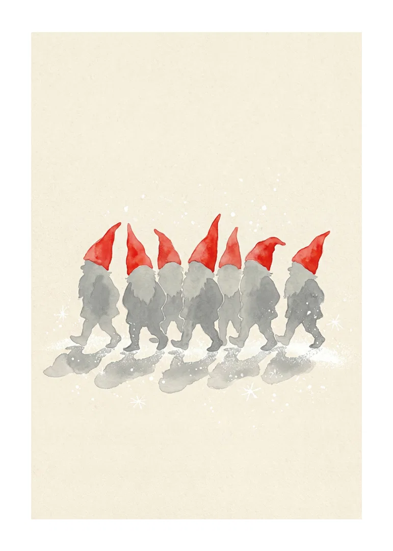 Charming elves walking in a row with red hats-12