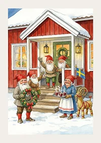 Elves gather at a red cabin for Christmas celebration-3