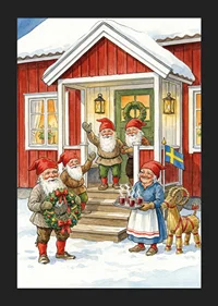 Elves gather at a red cabin for Christmas celebration-5