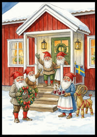 Tomtar samlas vid en röd stuga för julfirande-2