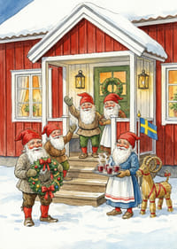 Tomtar samlas vid en röd stuga för julfirande-3