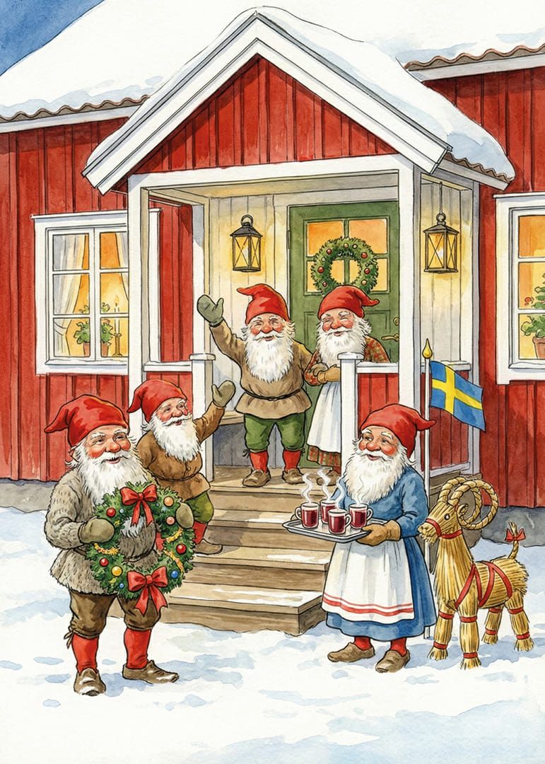 Tomtar samlas vid en röd stuga för julfirande-12