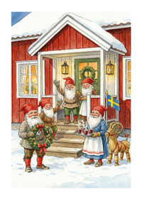 Tomtar samlas vid en röd stuga för julfirande-1