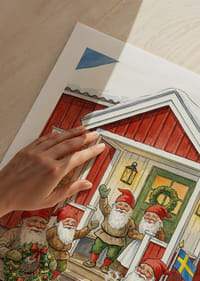 Tomtar samlas vid en röd stuga för julfirande-5