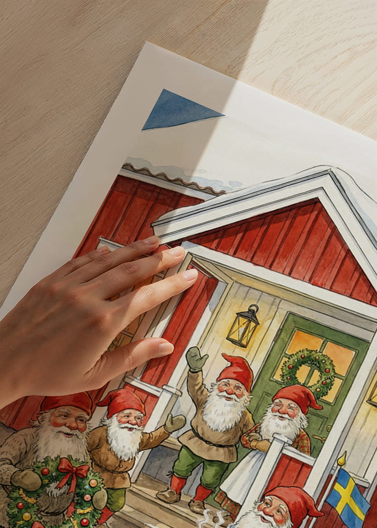 Tomtar samlas vid en röd stuga för julfirande-12