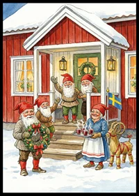 Elves gather at a red cabin for Christmas celebration-6