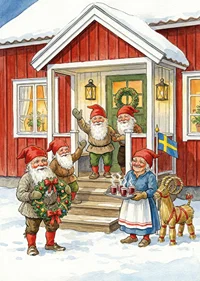 Elves gather at a red cabin for Christmas celebration-7