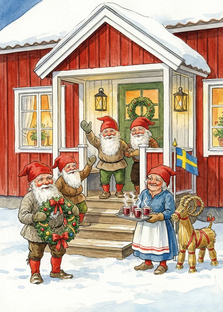 Elves gather at a red cabin for Christmas celebration-12