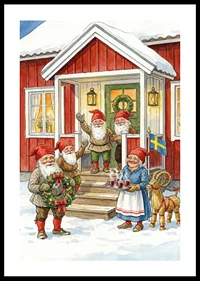 Elves gather at a red cabin for Christmas celebration-0