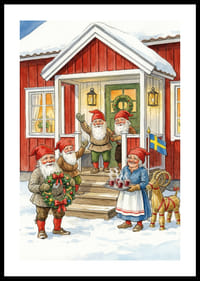 Elves gather at a red cabin for Christmas celebration-0