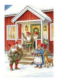 Elves gather at a red cabin for Christmas celebration-1