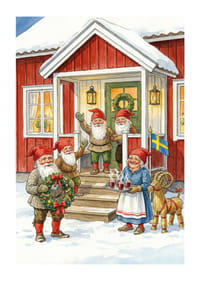 Elves gather at a red cabin for Christmas celebration-1