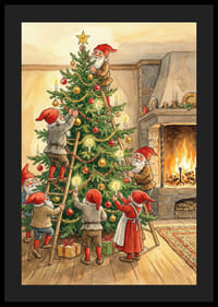 Elfos en feliz compañía alrededor del árbol de Navidad junto a la chimenea.-4