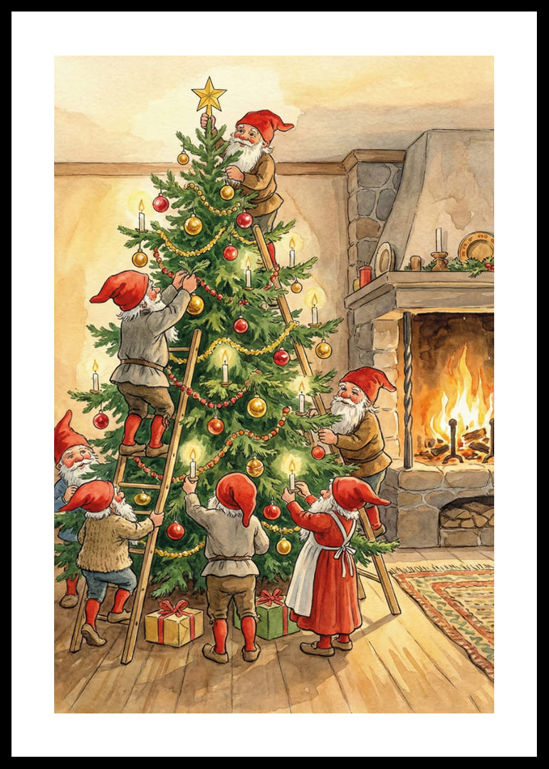 Tomtar i lycklig samvaro runt julgranen vid eldstaden-12