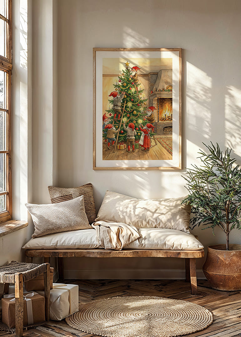 Tomtar i lycklig samvaro runt julgranen vid eldstaden-12