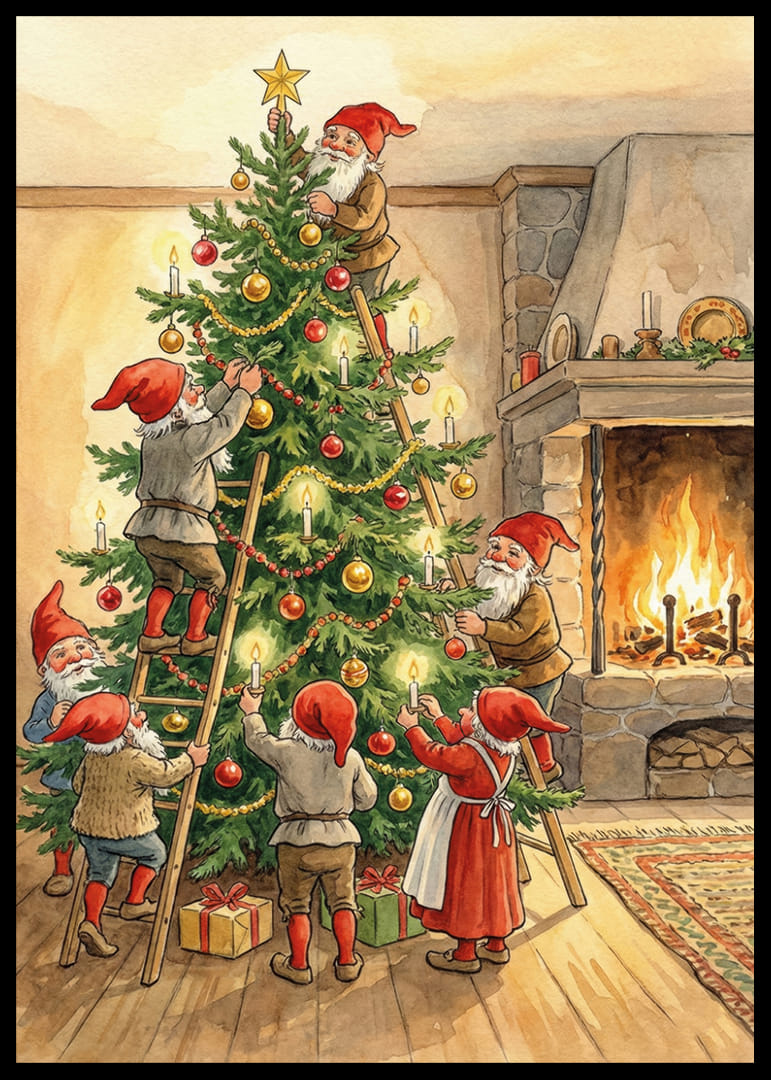 Tomtar i lycklig samvaro runt julgranen vid eldstaden-12