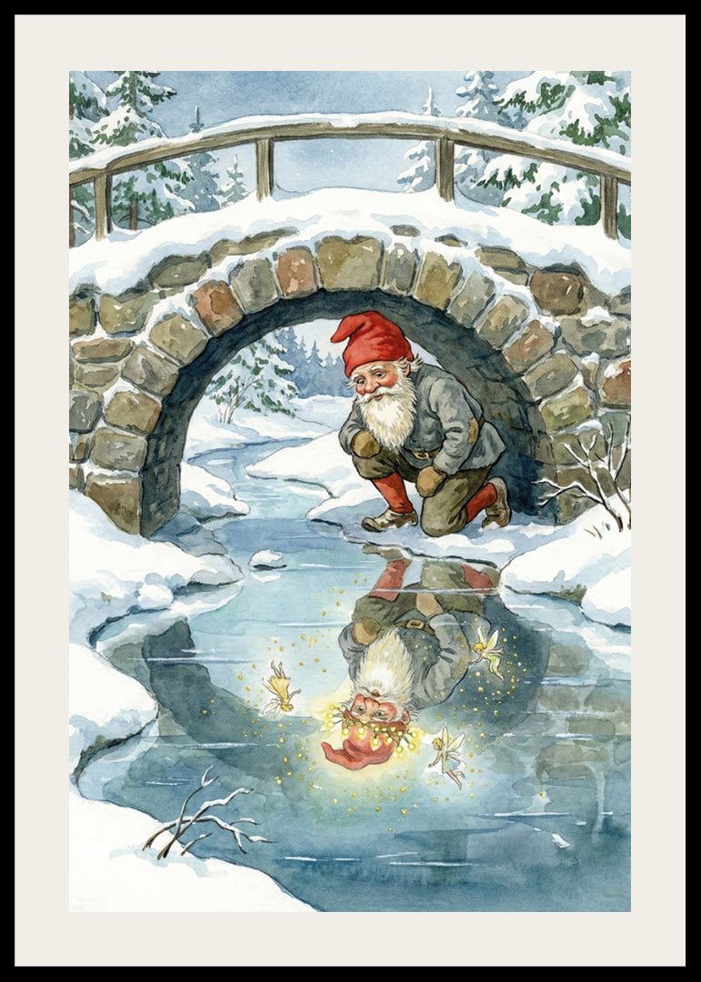 Un elfo mágico admira su brillante reflejo en el paisaje invernal.-12