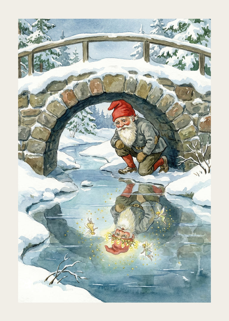 Un elfo mágico admira su brillante reflejo en el paisaje invernal.-12