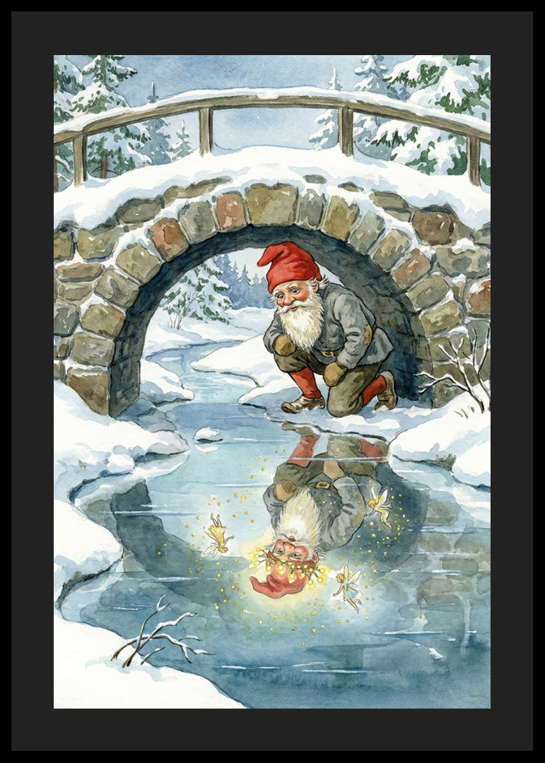 Un elfo mágico admira su brillante reflejo en el paisaje invernal.-12