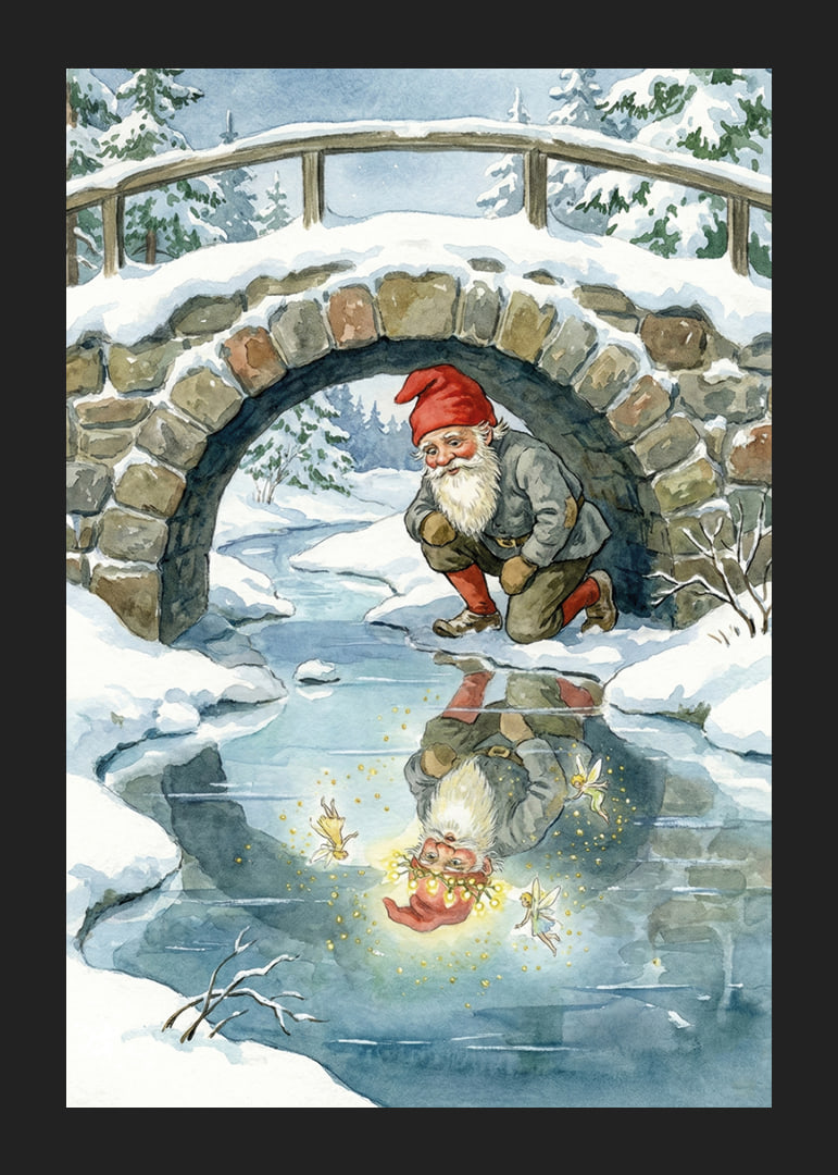 Un elfo mágico admira su brillante reflejo en el paisaje invernal.-12
