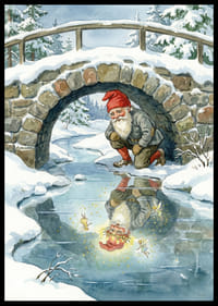 En magisk tomte beundrar sin skimrande spegelbild i vinterlandskapet-2