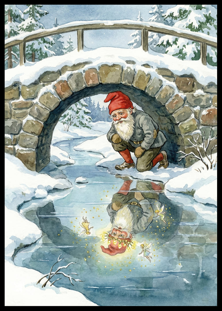 En magisk tomte beundrar sin skimrande spegelbild i vinterlandskapet-12