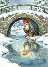 Un elfo mágico admira su brillante reflejo en el paisaje invernal.-7