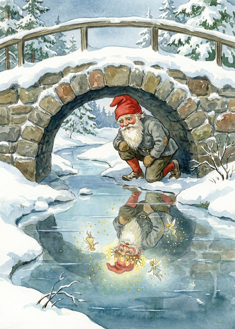 Un elfo mágico admira su brillante reflejo en el paisaje invernal.-12