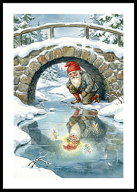 Un elfo mágico admira su brillante reflejo en el paisaje invernal.-0