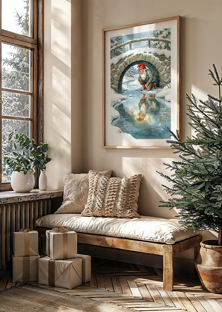 En magisk tomte beundrar sin skimrande spegelbild i vinterlandskapet-12