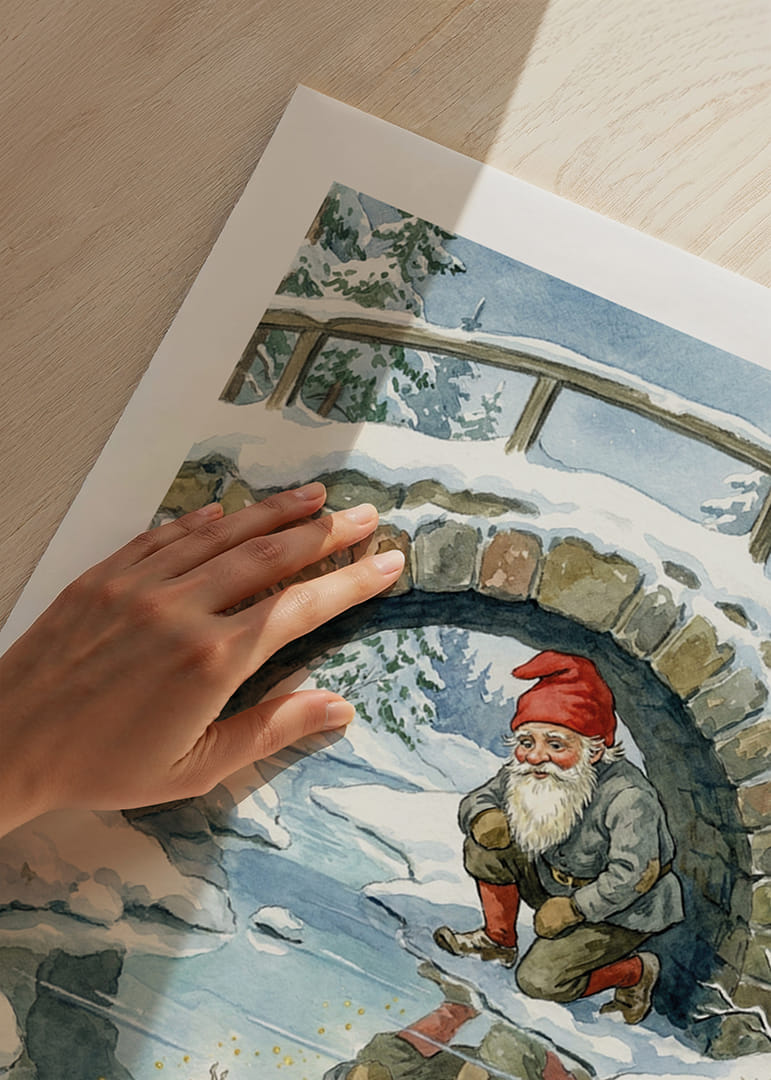 En magisk tomte beundrar sin skimrande spegelbild i vinterlandskapet-12