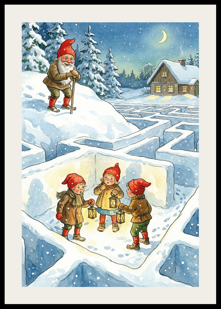 Niños con gorros de Papá Noel exploran un laberinto invernal con linternas.-12