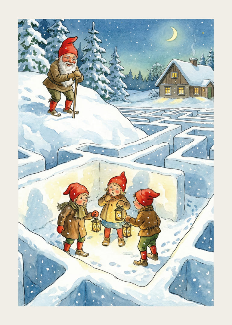 Niños con gorros de Papá Noel exploran un laberinto invernal con linternas.-12