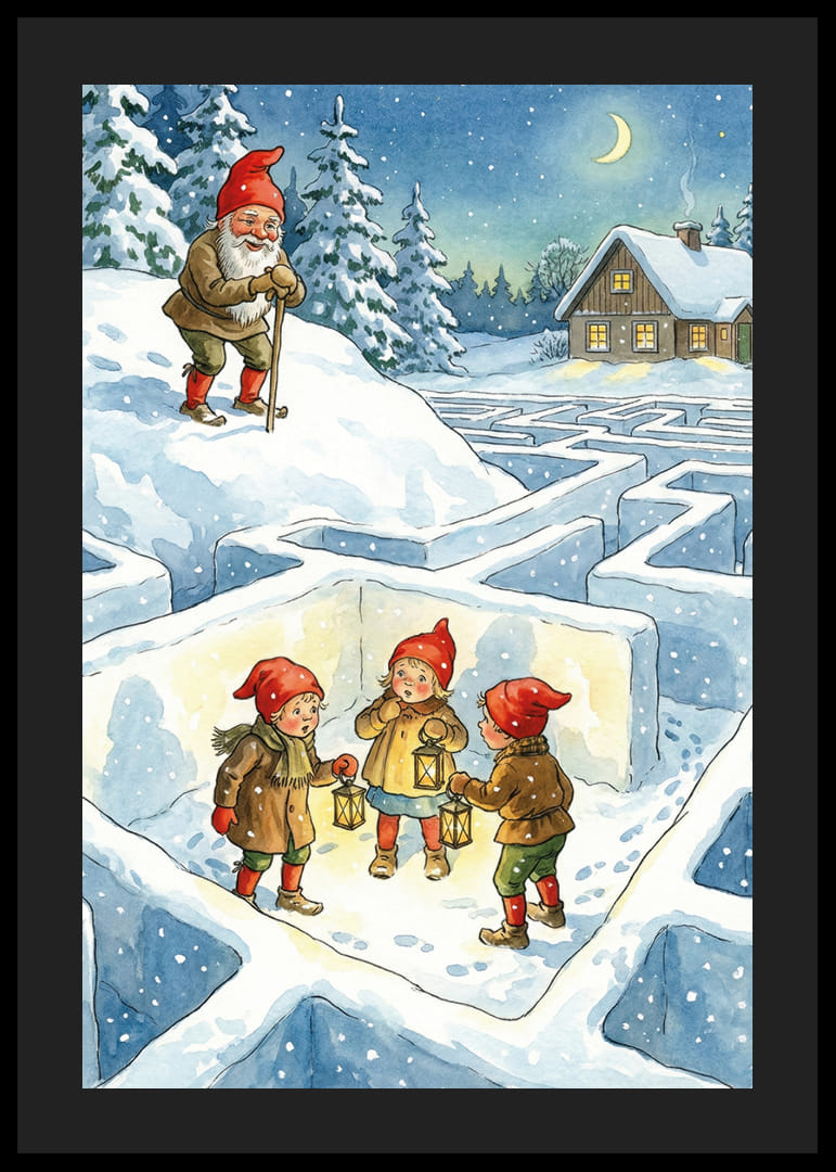 Niños con gorros de Papá Noel exploran un laberinto invernal con linternas.-12