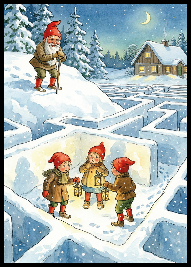 Barn i tomteluva utforskar vinterlabyrinten med lyktor-12