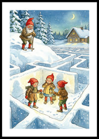 Barn i tomteluva utforskar vinterlabyrinten med lyktor-0