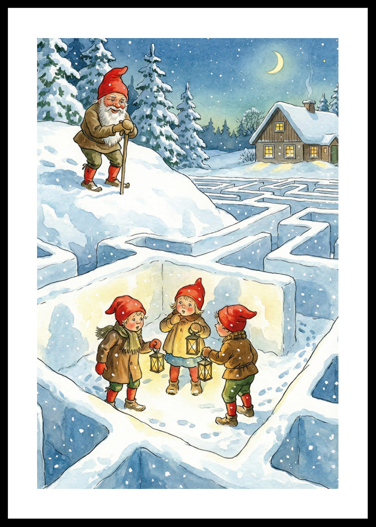 Barn i tomteluva utforskar vinterlabyrinten med lyktor-12