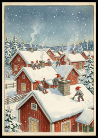 Charmig vinterscen med tomtar på hustak i snötäckt by-0