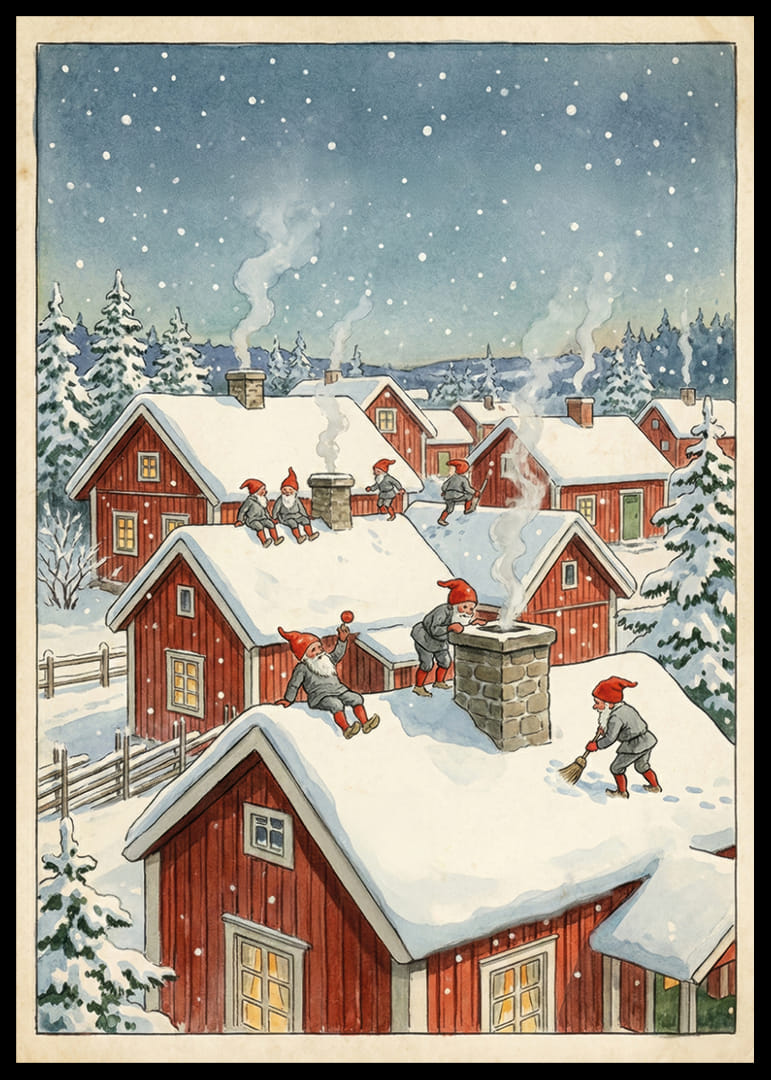 Charmig vinterscen med tomtar på hustak i snötäckt by-12